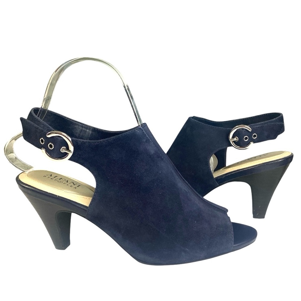 Alfani Navy Blue Suede Peep Toe Slingback Sandals Nearly New Stacked Heel Sz 8